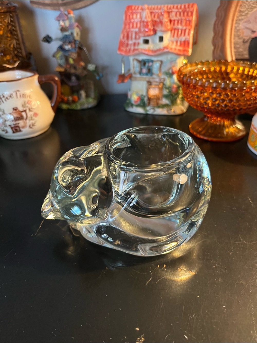 Vintage Indiana Glass Sleeping Cat Votive Candle Holder/Paperweight